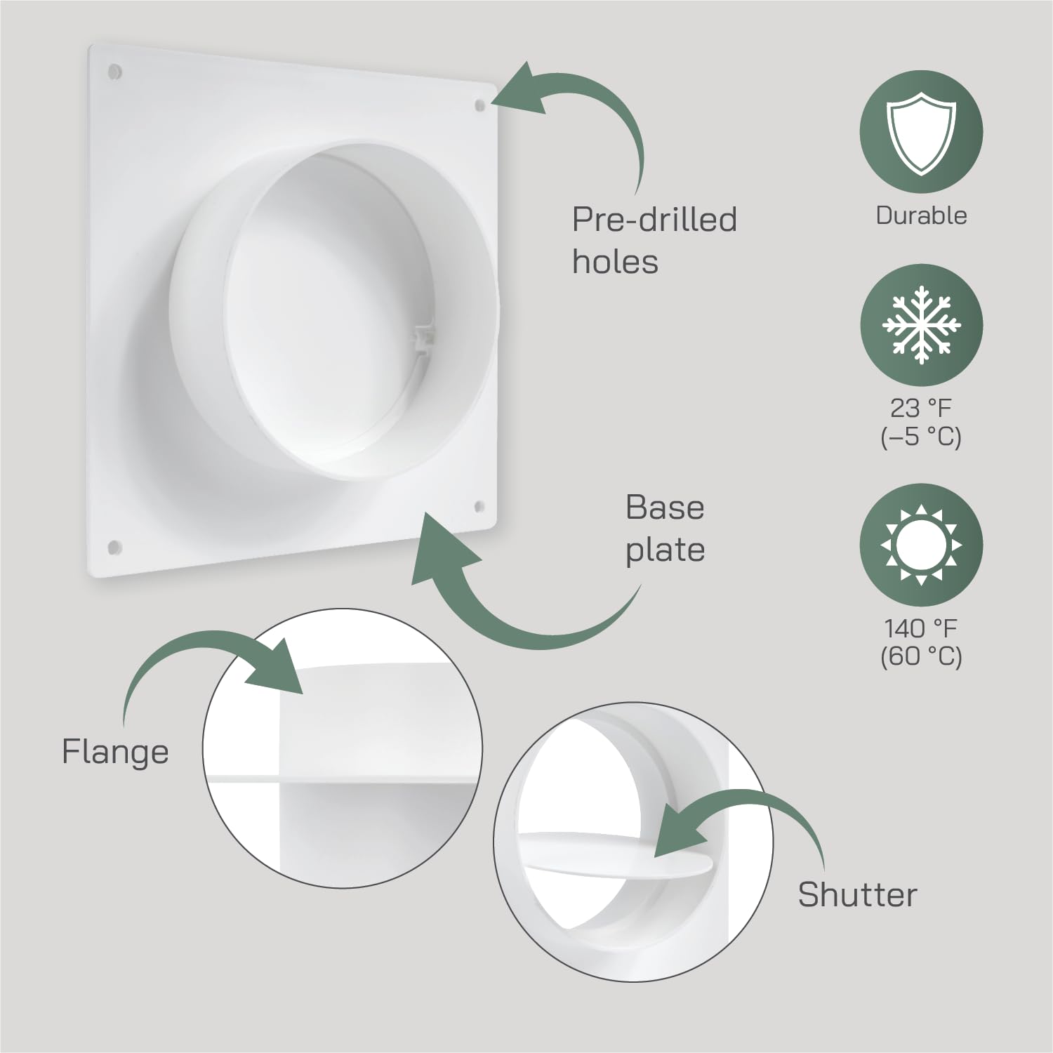 Vent Systems 4" inch Air Vent Duct Connector Flange Straight Ventilation Pipe Plastic Ducting Connector Plate For Cooling Heating Ventilation System HVAC With Valve - Image 3