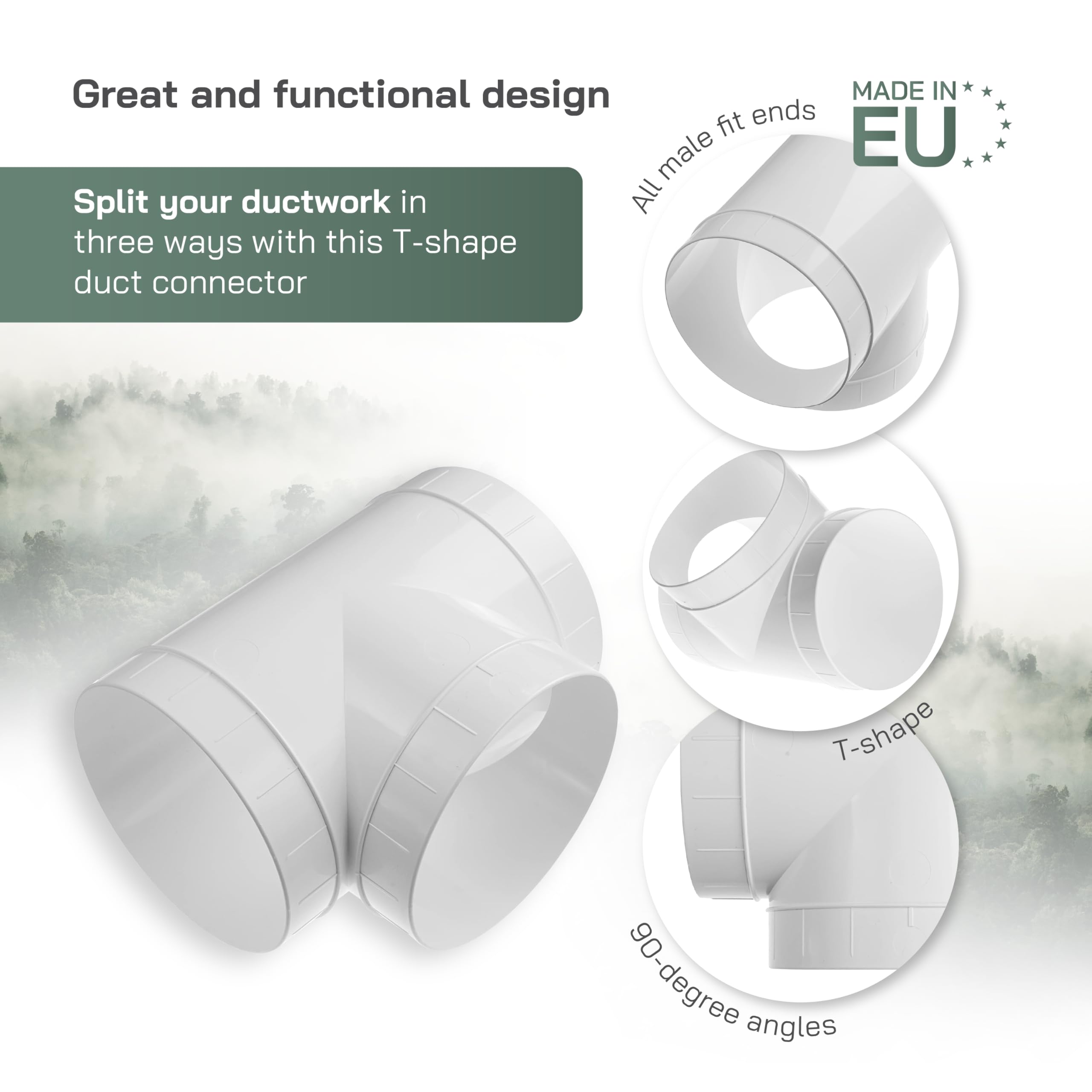 Vent Systems 4 Inch Duct Connector 3 Way Hose Adapter/Splitter for Hose T-Shape Round Pipe Connector- Extractor Fan - Duct Hose Dryer Vent T Connector - 4 Inch 3 Way Fitting - Duct Splitter - Image 3