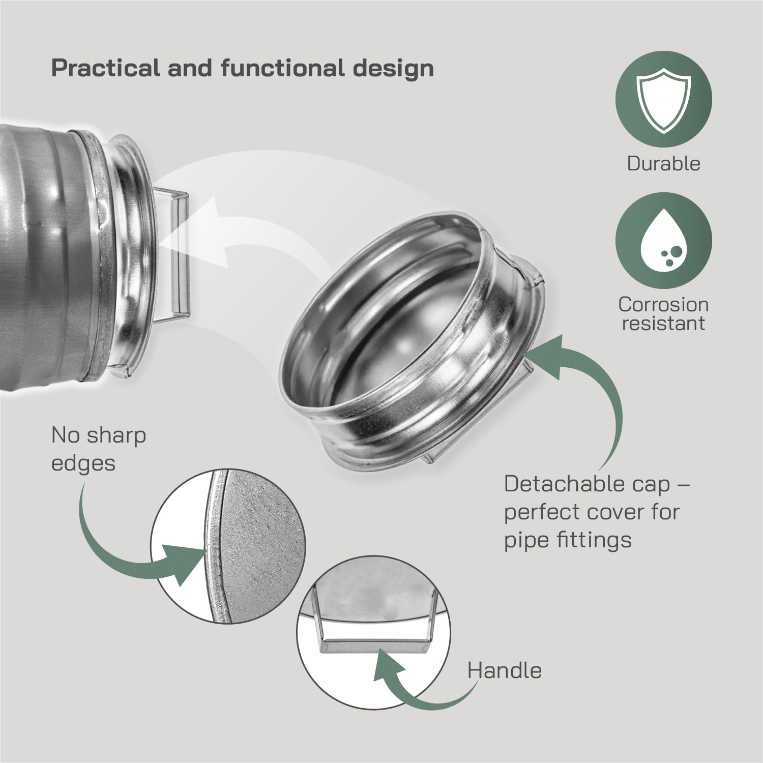 Vent Systems 4" Inch Galvanized Steel Tee Cap with Handle – Heavy-Duty HVAC End Plug for Dryer Ducts, Exhaust Pipes, and Round Metal Vents – Indoor and Outdoor Use – Closure Fitting for HVAC Systems - Image 3