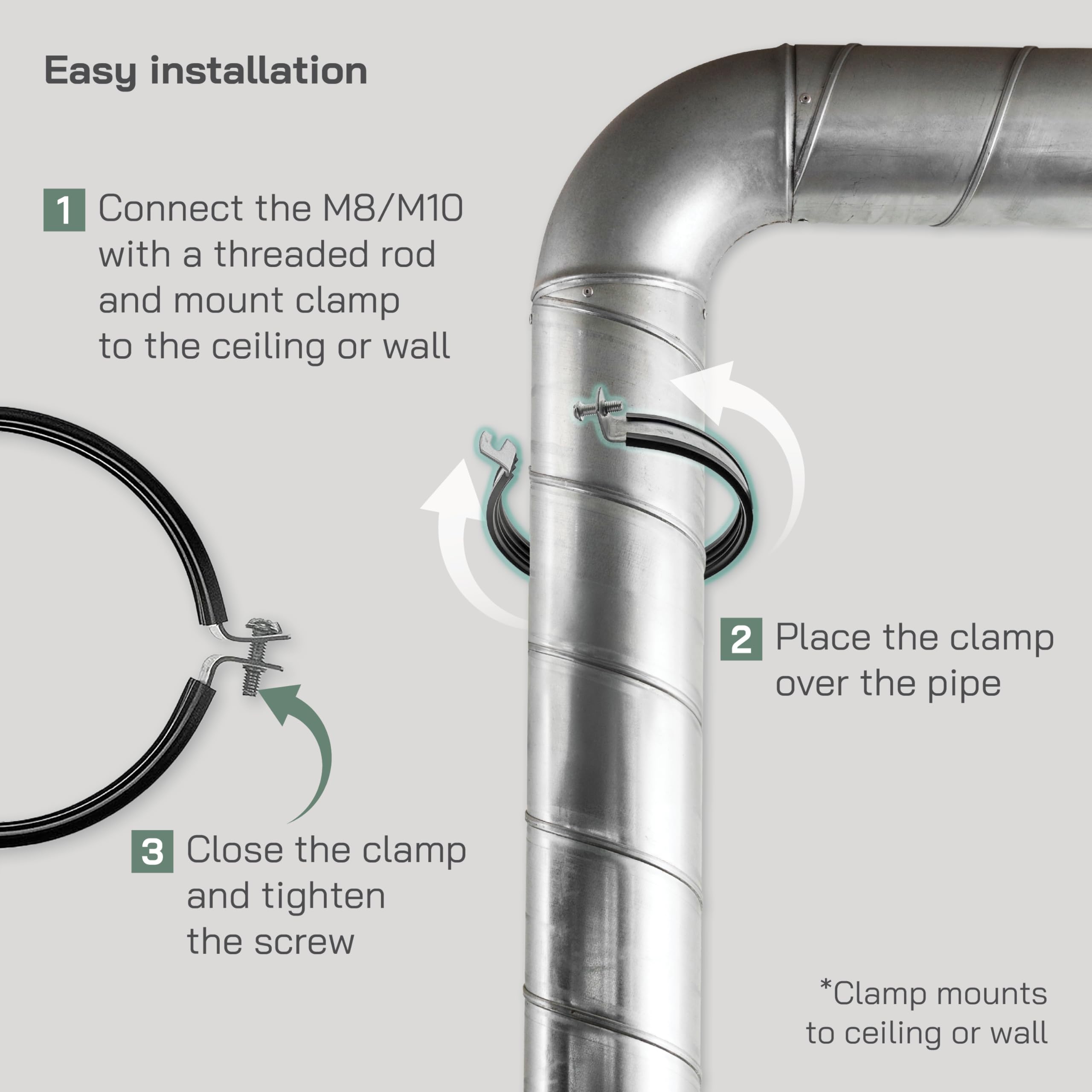 Vent Systems 4" Inch Pipe Clamp – 5 Pack – Heavy-Duty Galvanized Steel Duct Clamps with Rubber Lining for Noise Reduction – Adjustable HVAC Ventilation Pipe Hanger Brackets for Wall or Ceiling Mount - Image 4