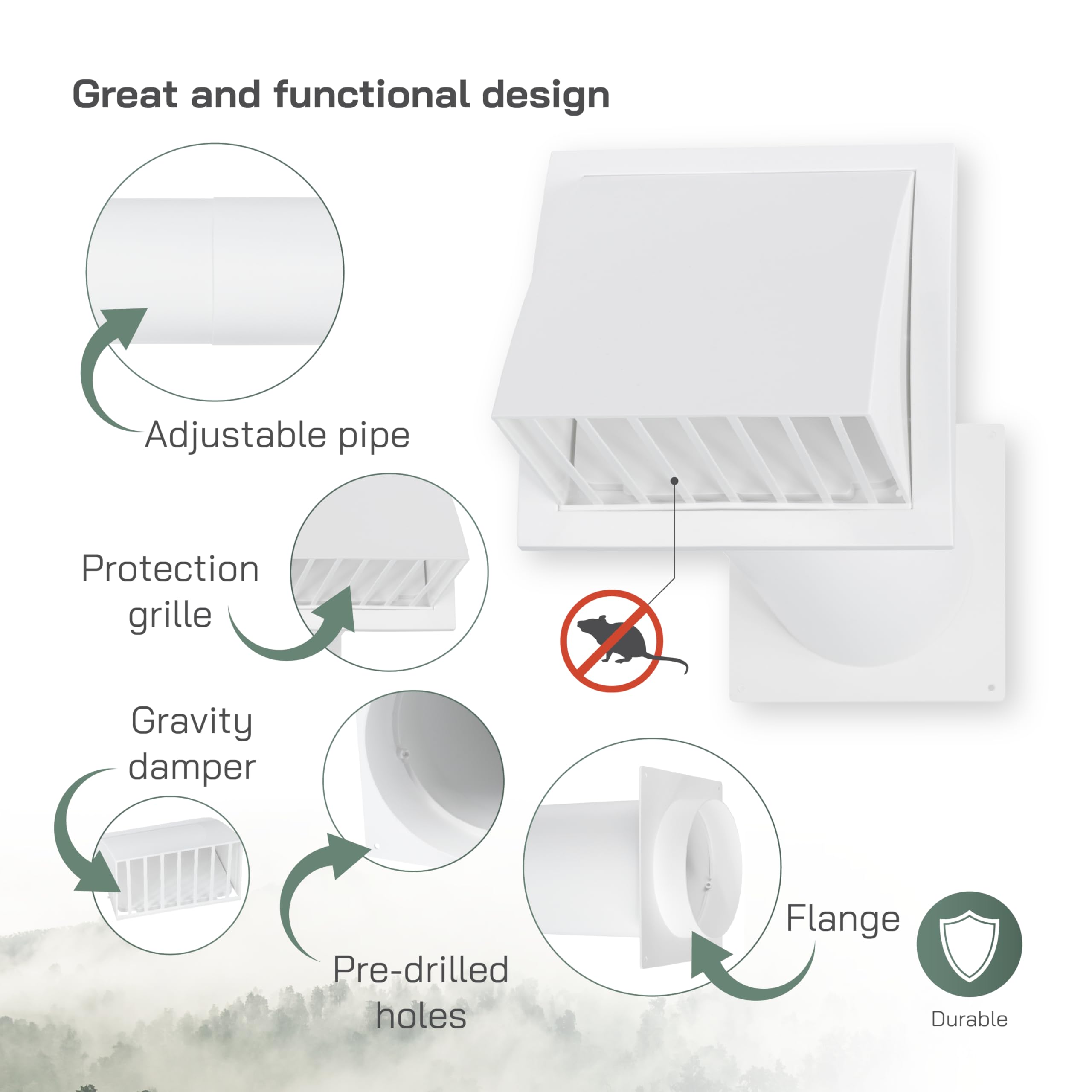 Vent Systems 4'' Inch Plastic Adjustable Through Wall Ventilation Kit - Dryer Vent Kit - Ventilation Tube With Exhaust Hood Vent Cover And Duct Connector - Built In Gravity Damper in Exhaust Hood - Image 3