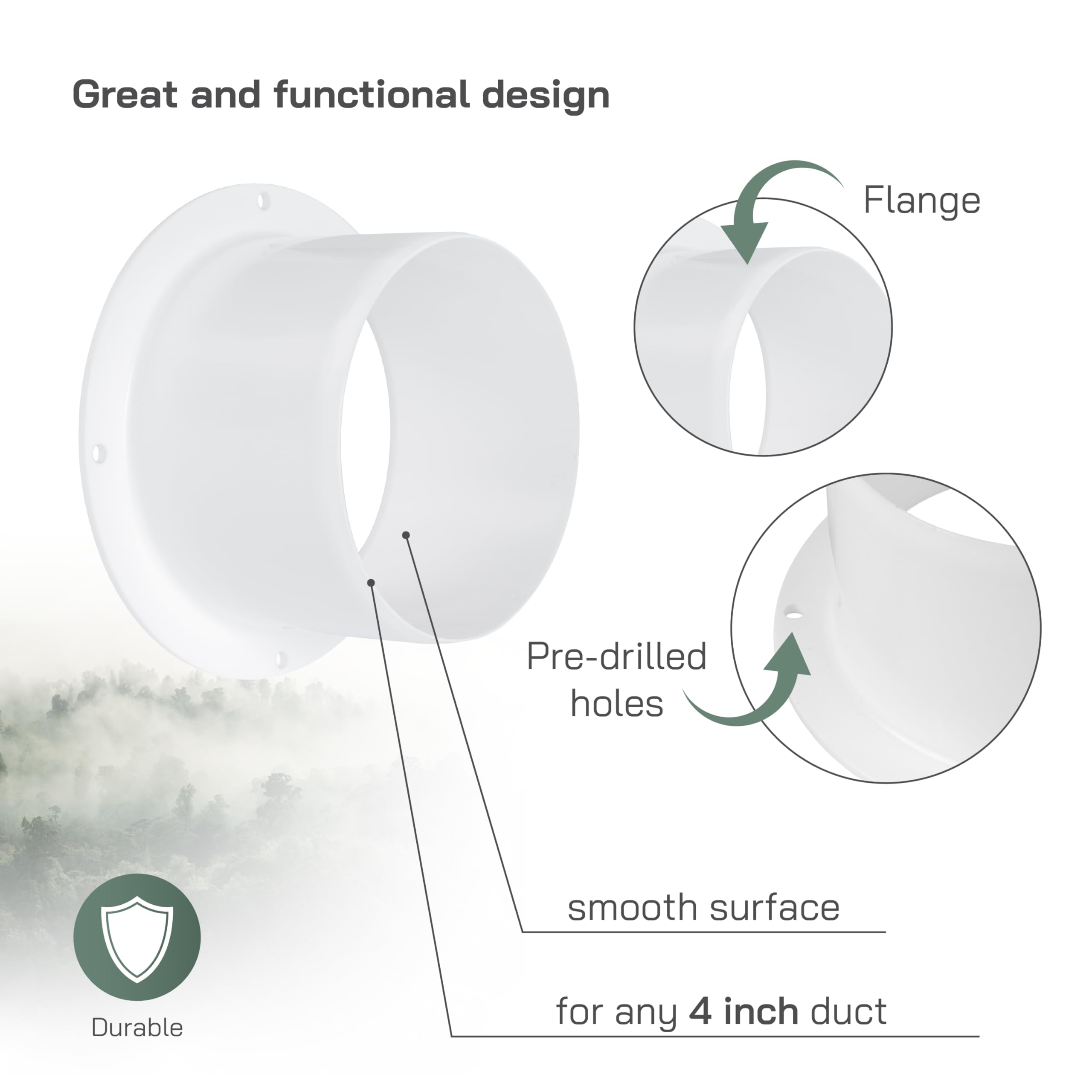 Vent Systems 4" Inch White Air Vent Duct Connector Flange - HVAC Plastic Vent Pipe Adapter with Mounting Plate - Round Straight Wall Mount Plate for Home Exhaust Fan, Bathroom, Kitchen Ventilation - Image 3