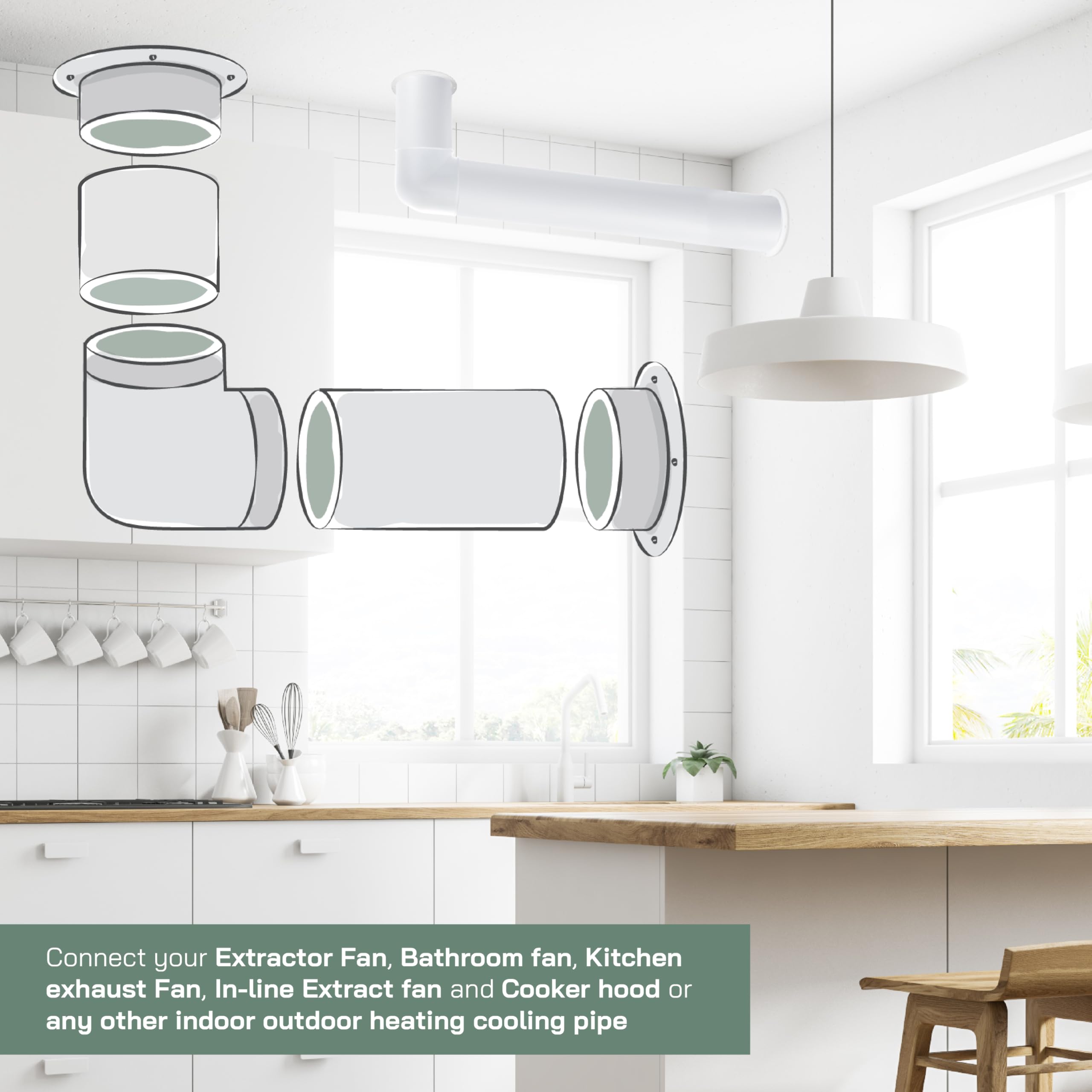Vent Systems 4" Inch White Air Vent Duct Connector Flange - HVAC Plastic Vent Pipe Adapter with Mounting Plate - Round Straight Wall Mount Plate for Home Exhaust Fan, Bathroom, Kitchen Ventilation - Image 5