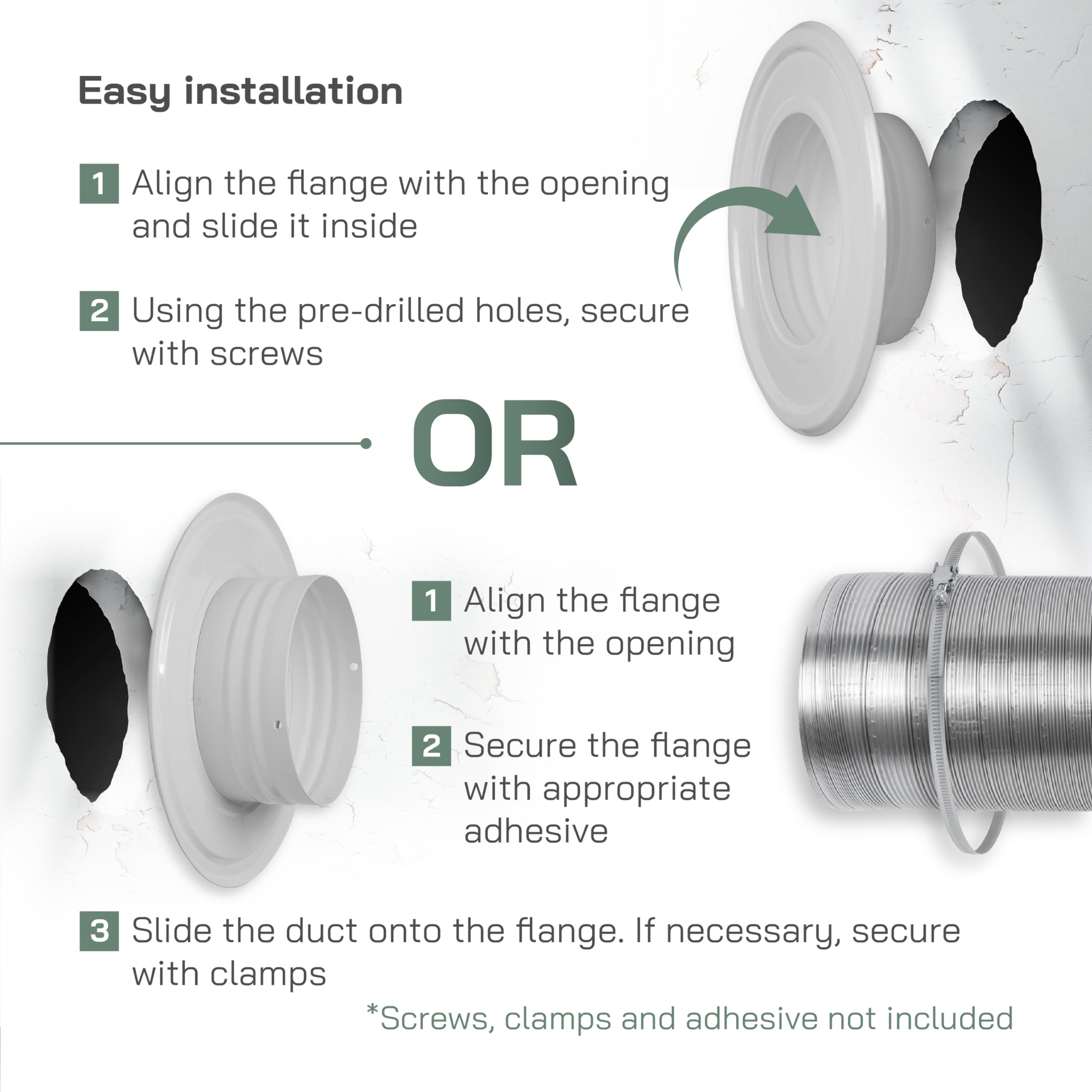 Vent Systems 4" Inch White Duct Connector Flange Plate – Galvanized Steel Straight HVAC Fitting for Cooling, Heating, Airflow, Ventilation System - Wall, Ceiling, Pipe Mount - Indoor Outdoor Use - Image 4